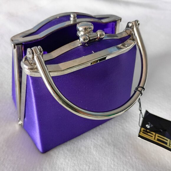 NWT Sasha Purple Satin Mini Bag Top-Handle + Metal Strap Retro Frame Purse - Picture 1 of 7